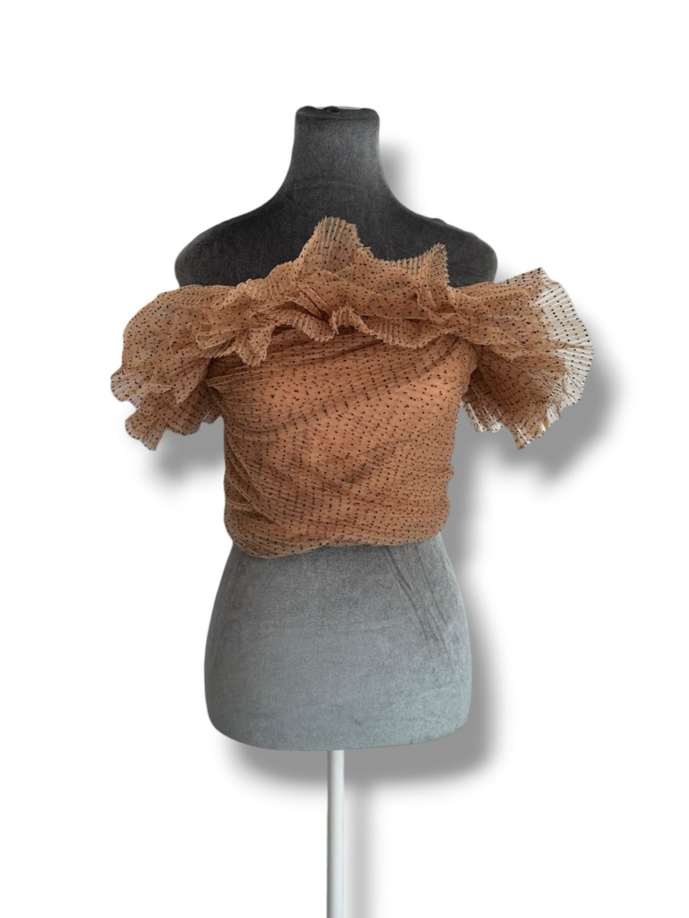 Zara Nude Mesh Tulle Black Polka Dot Ruffle Crop Tube Top Small Limited Edition